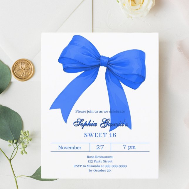 Royal blue white bow SWEET 16 invitation (Creator Uploaded)