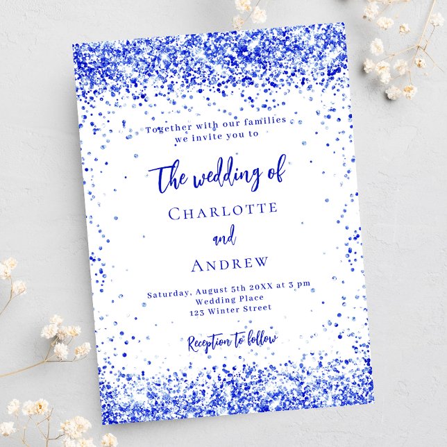 Royal blue white confetti wedding invitation postcard (Creator Uploaded)