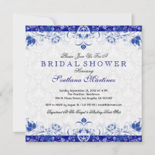 Royal Blue & White Damask Bridal Shower Invitation