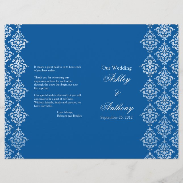 Royal Blue White Damask Foldable Wedding Program (Front)