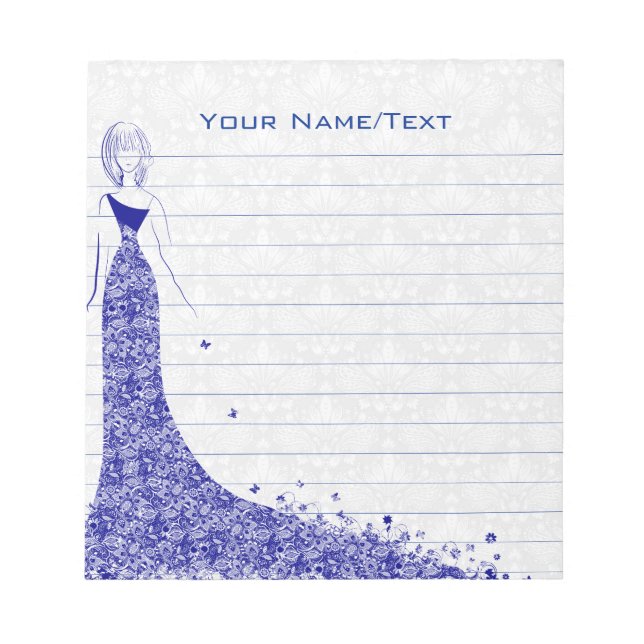 Royal Blue & White Damasks Wedding Dress Notepad (Front)