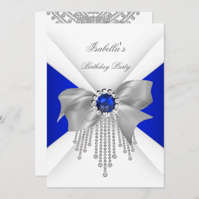 Royal Blue White Diamond Pearl Birthday Party Invitation (Front/Back)