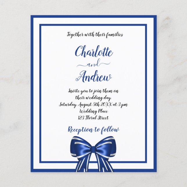 Royal blue white elegant bow wedding budget flyer (Front)