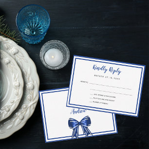 Royal blue white elegant bow wedding RSVP Card