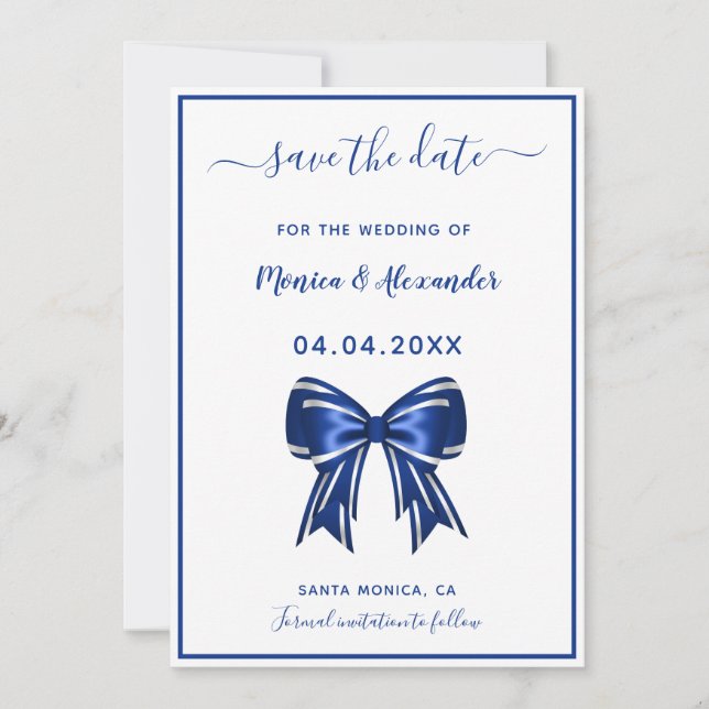 Royal blue white elegant bow wedding Save the Date (Front)