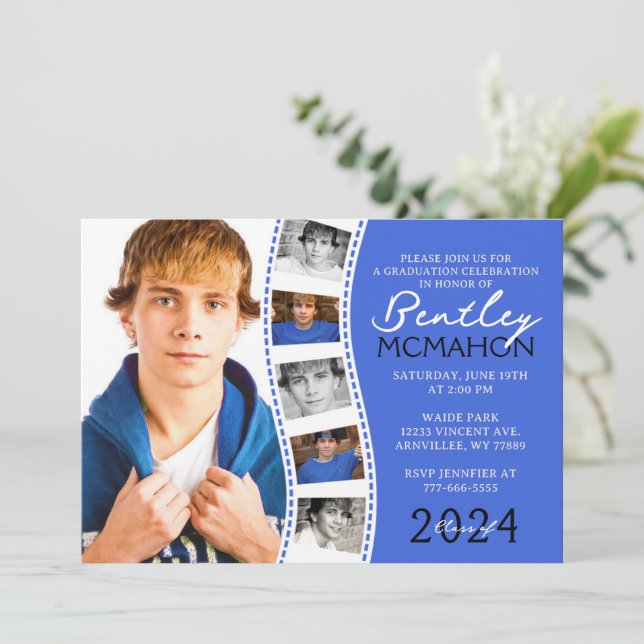Royal Blue & White Filmstrip 6 Photo Graduation In Invitation (Standing Front)