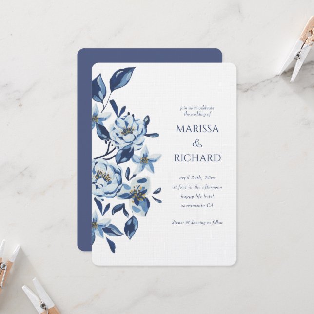 Royal Blue White Floral Botanical Invitation (Front/Back In Situ)