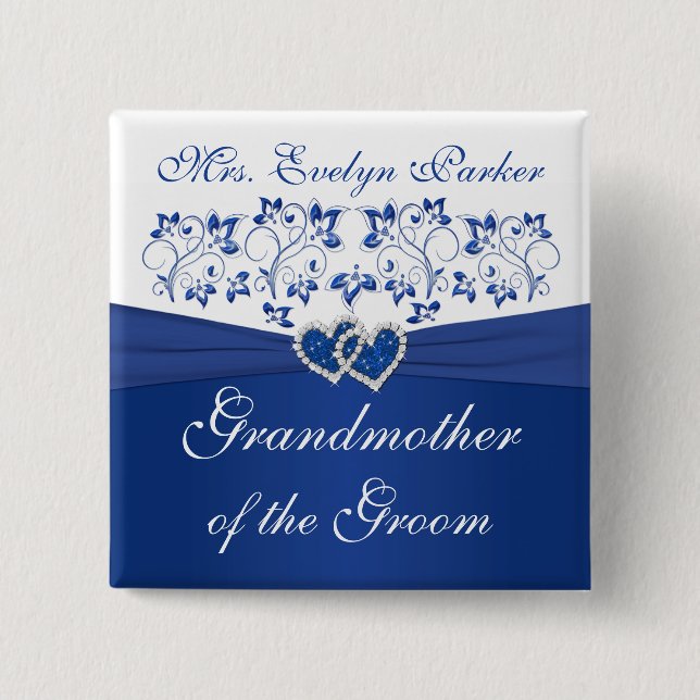 Royal Blue White Floral Grandmother of the Groom 15 Cm Square Badge (Front)