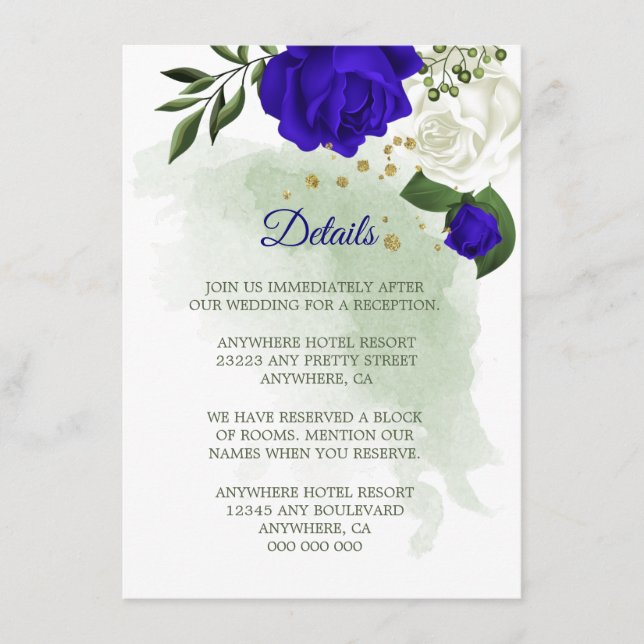 Royal blue white floral greenery details enclosure card (Front)