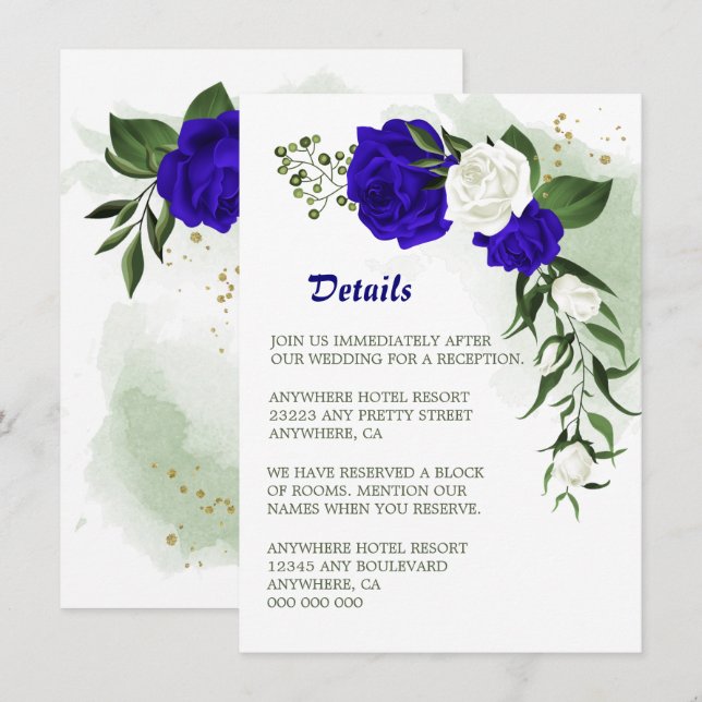 Royal blue white floral greenery details enclosure card (Front/Back)