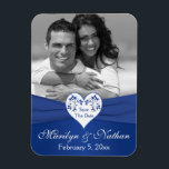 Royal Blue White Floral Heart Wedding Photo Magnet<br><div class="desc">This 3x4 or 4x5 inch size royal blue and white floral flexible wedding save the date photo magnet has a PRINTED ribbon on it with a white and blue heart that matches the wedding invitation shown below. ***PLEASE NOTE that if you change the font or size of the font, it...</div>