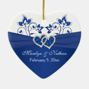 Royal Blue, White Floral Hearts 1st Christmas Ceramic Ornament