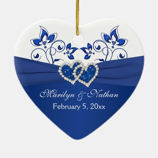 Royal Blue, White Floral Hearts 1st Christmas Ceramic Ornament (Back)