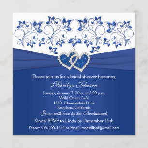 Royal Blue, White Floral Hearts Bridal Shower Invitation