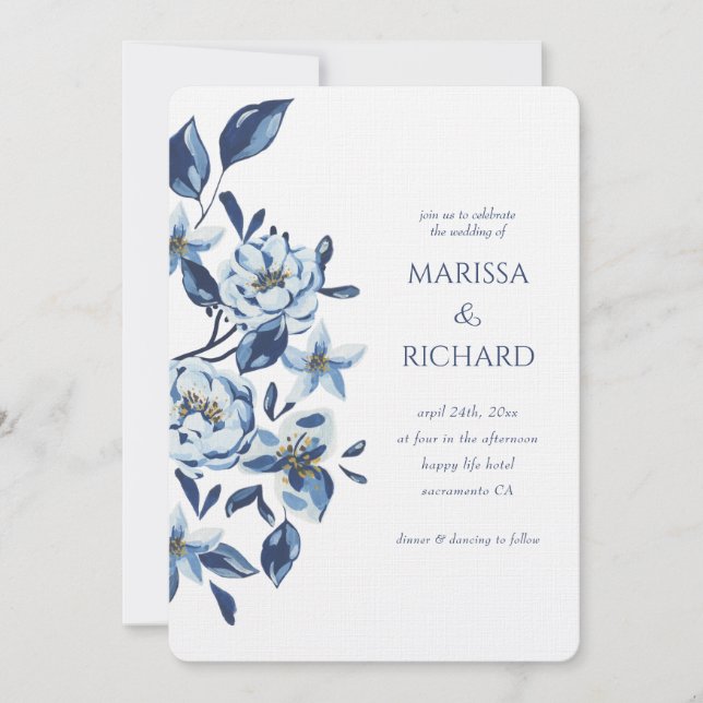 Royal Blue White Floral Monogram Wedding Invitation (Front)