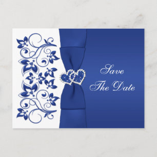 Royal Blue, White Floral Save The Date Post Card