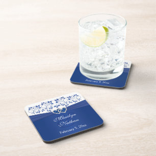 Royal Blue, White Floral Wedding Coaster Set (6)