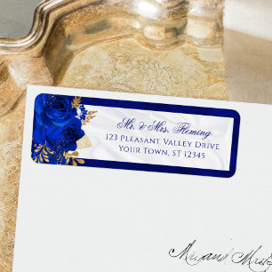 Royal Blue White Floral Wedding Return Address Return Address Label