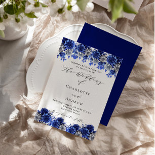 Royal blue white florals script luxury wedding invitation
