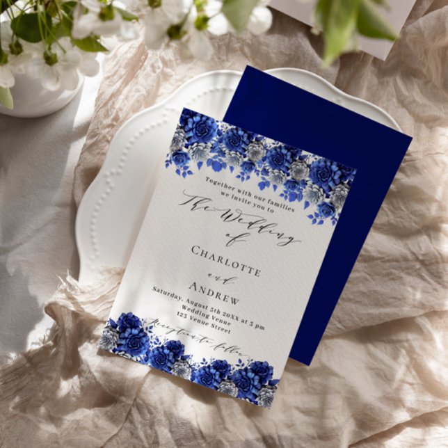 Royal blue white florals script luxury wedding invitation (Creator Uploaded)