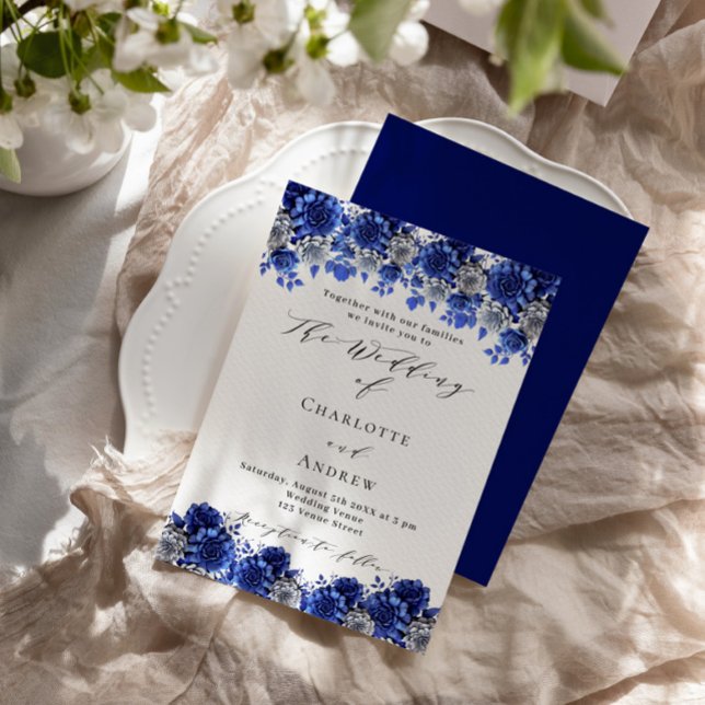 Royal blue white florals script wedding invitation (Creator Uploaded)