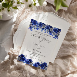 Royal blue white florals script wedding invitation postcard