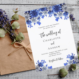 Royal blue white florals wedding invitation