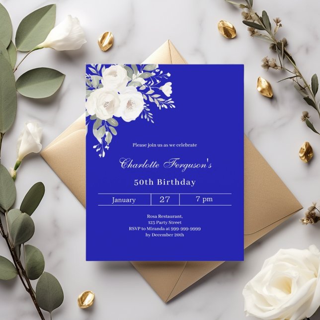 Royal blue white flowers birthday invitation (Creator Uploaded)