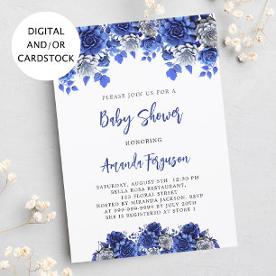 Royal blue white flowers boy baby shower invitation