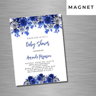 Royal blue white flowers boy luxury baby shower magnetic invitation