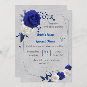 royal blue white flowers geometric wedding invitation
