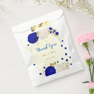 royal blue white flowers gold botanical favour bag