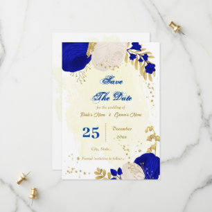 royal blue & white flowers gold botanical save the date