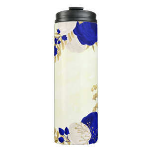 royal blue & white flowers gold botanical  thermal tumbler