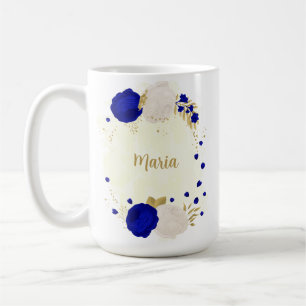royal blue & white flowers gold botanical wedding coffee mug