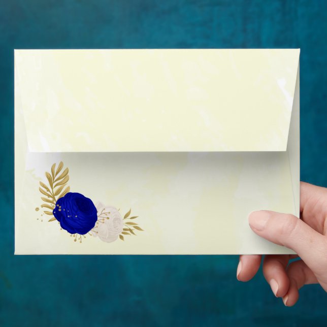 royal blue & white flowers gold botanical wedding envelope (Hand)