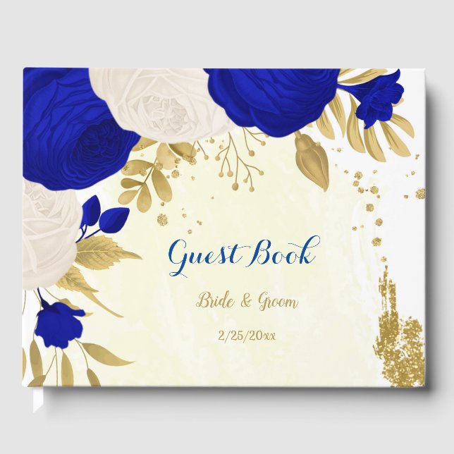 royal blue & white flowers gold botanical wedding guest book (Front)