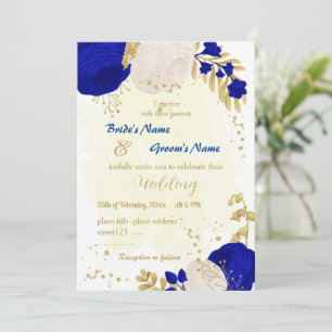 royal blue & white flowers gold botanical wedding invitation