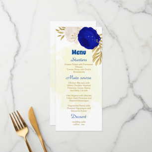 royal blue & white flowers gold botanical wedding menu