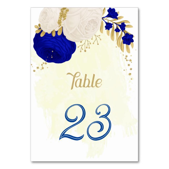 royal blue & white flowers gold botanical wedding  table number (Front)