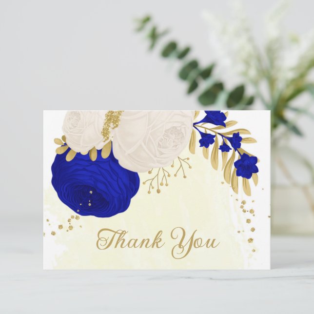royal blue & white flowers gold botanical wedding thank you card (Standing Front)
