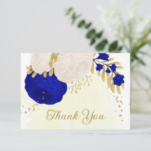 royal blue & white flowers gold botanical wedding thank you card