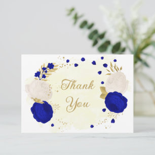 royal blue & white flowers gold botanical wedding thank you card