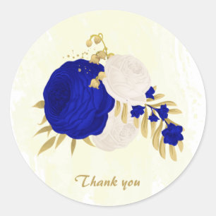 royal blue & white flowers gold classic round sticker