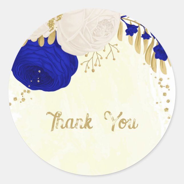  royal blue & white flowers gold classic round sticker (Front)