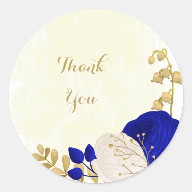  royal blue & white flowers gold classic round sticker (Front)