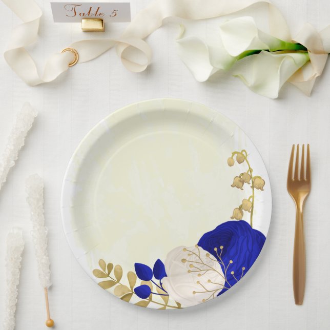  royal blue & white flowers gold paper plate (Wedding)