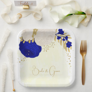 royal blue & white flowers gold paper plate