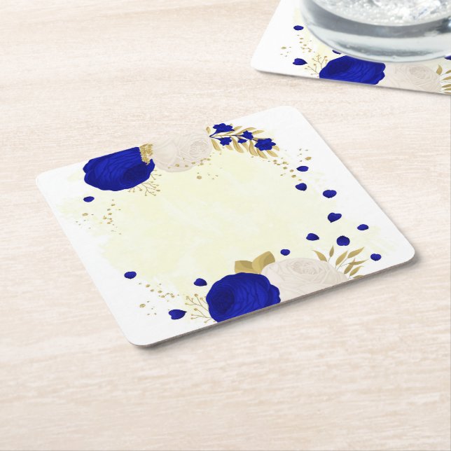  royal blue & white flowers gold square paper coaster (Angled)