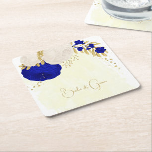royal blue & white flowers gold square paper coaster